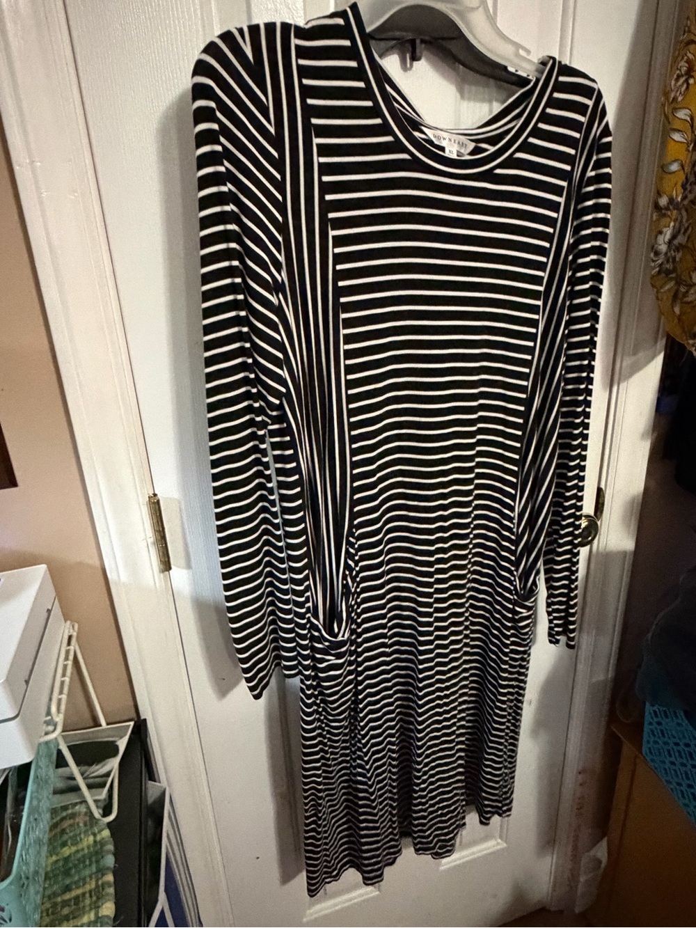 DownEast Black and White Striped Long Sleeve Midi Dress